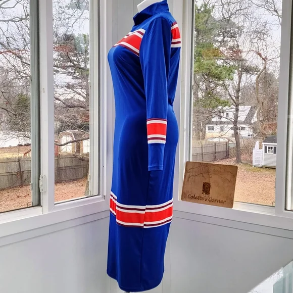 Royal Blue Red & White Ribbed Striped Mock Neck Maxi Column Knit Dress - Picture 4 of 16